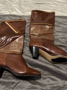PAZZO Two-Tone Brown Leather Mid-Calf Heeled Boots